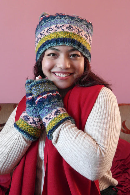 Blue Pink mixed colors Womens Winter Warm Pom Pom Beanie Hat - Vajracrafts
