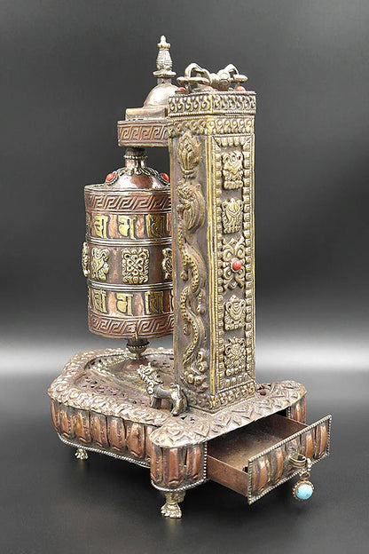 Tibetan Prayer Wheel with Eight Auspicious symbols in Stupa Frame - Vajracrafts
