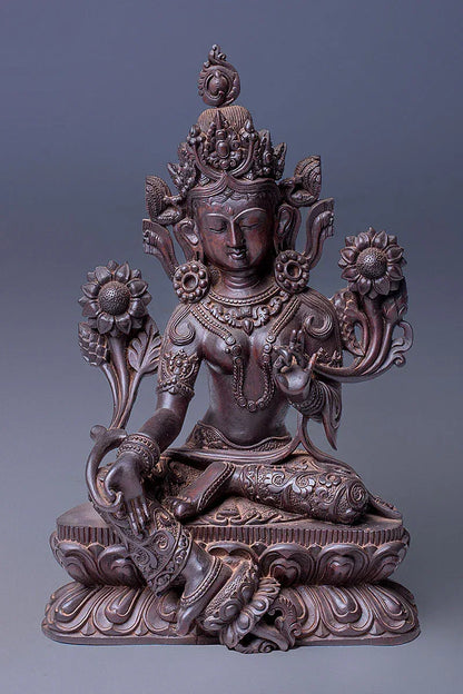 Masterpiece Hand Carved Wooden Green Tara Statue - Vajracrafts