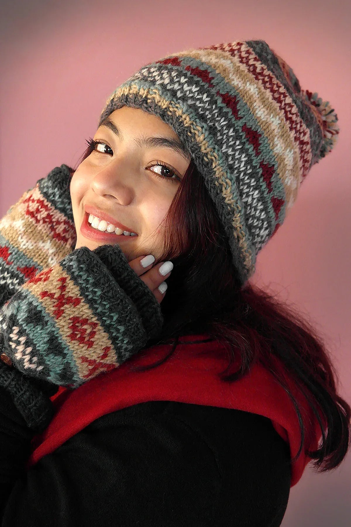 Womens Knit Winter Warm Pom Pom Beanie Hat Grey Maroon - Vajracrafts