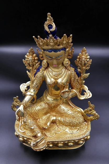 Elegant Hand carved Tibetan Green Tara Statue - Gold Plated Copper Alloy, 13" - Vajracrafts