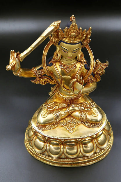 Golden Tibetan Manjushree Statue in double lotus 10" - Vajracrafts