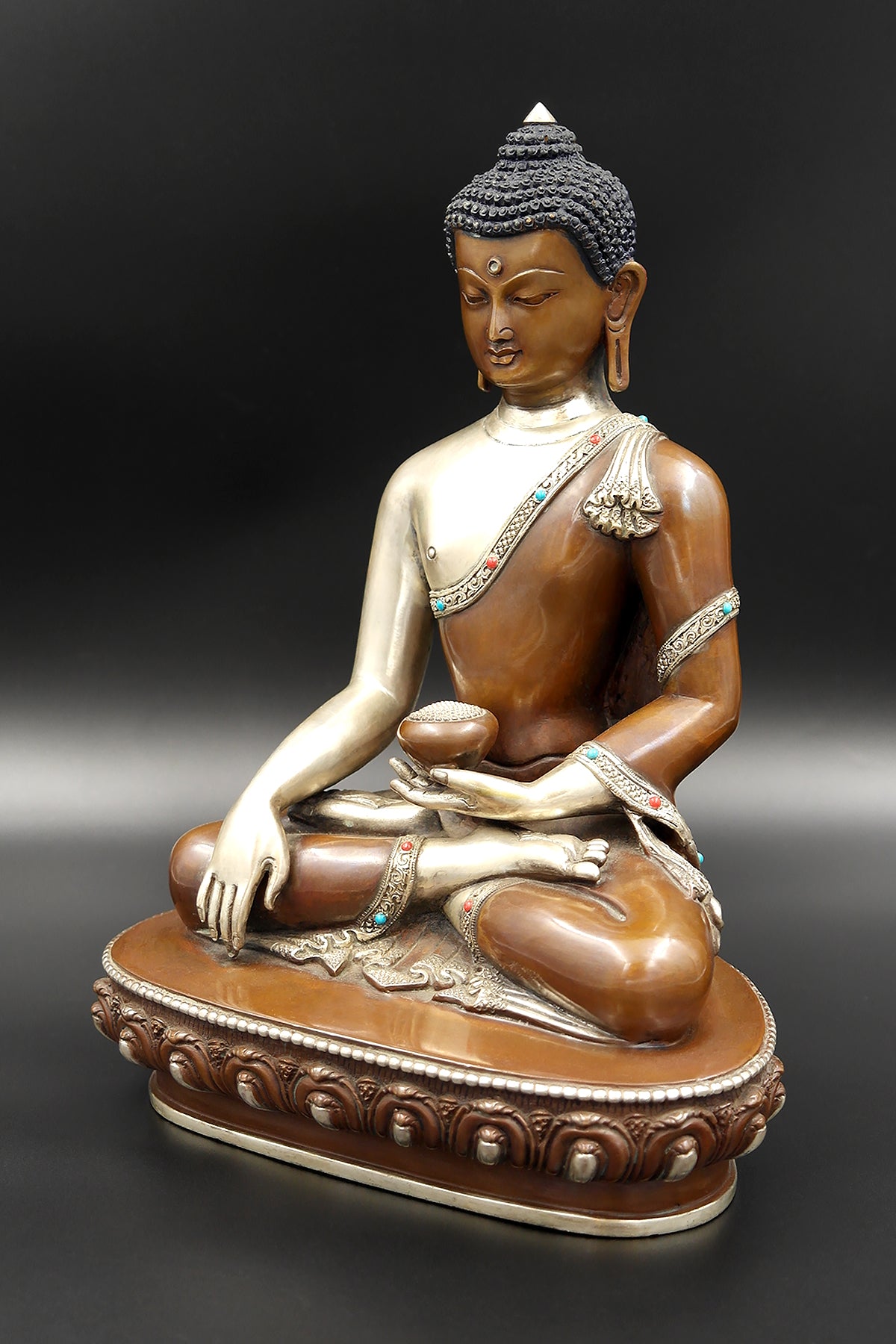Classic Copper and Silver Shakyamuni Buddha Statue, 9"