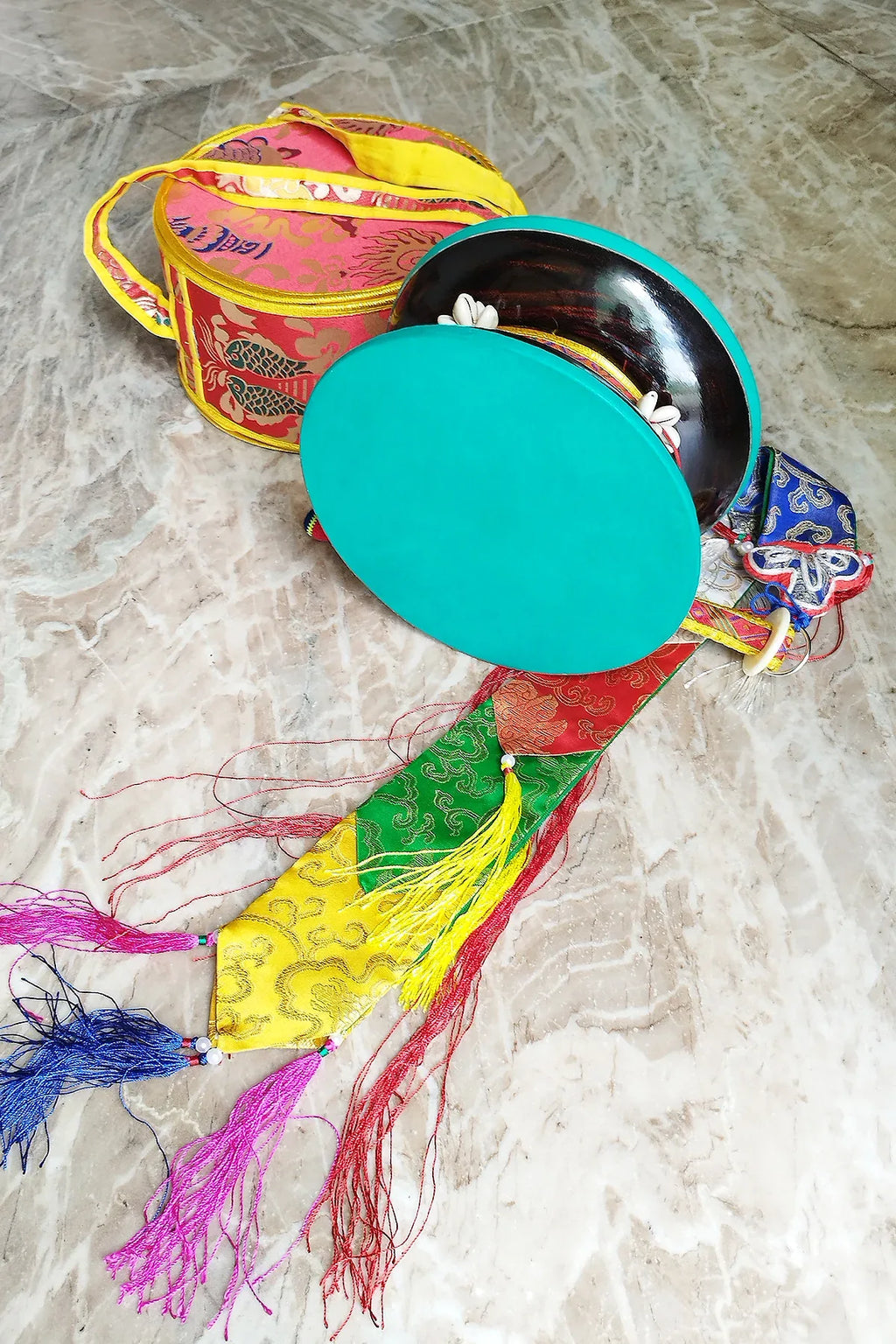 Tibetan Buddhist Ritual Chod Drum/Damaru with Yellow Brocade Cover - Vajracrafts