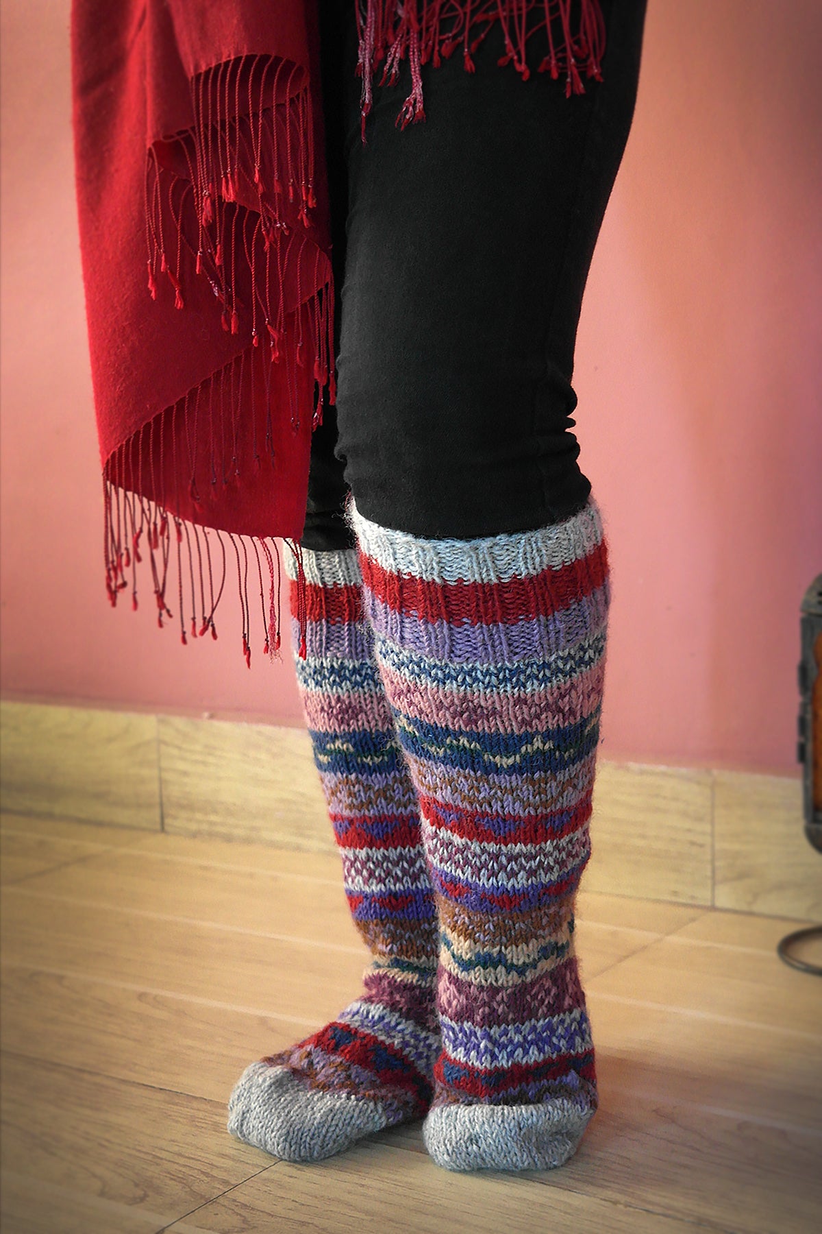 Off white red mixed color Woolen Knee High Socks
