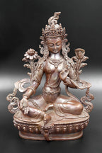 Copper Oxidized Hand carved Green Tara Statue 8" - Vajracrafts