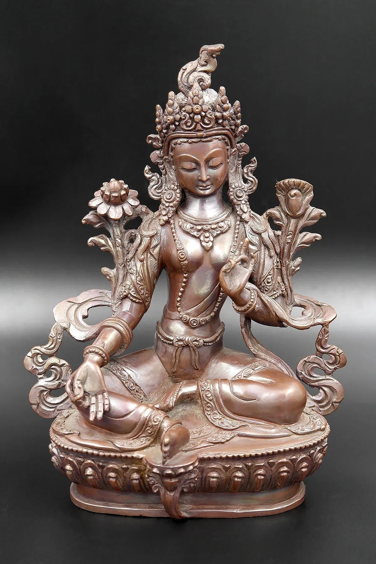 Copper Oxidized Hand carved Green Tara Statue 8" - Vajracrafts