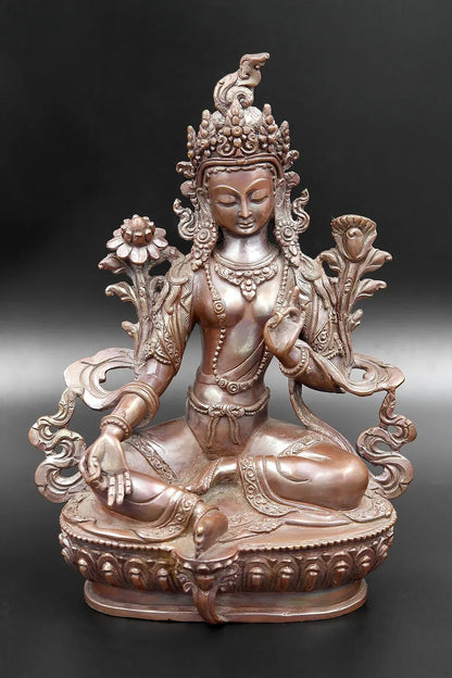 Copper Oxidized Hand carved Green Tara Statue 8" - Vajracrafts