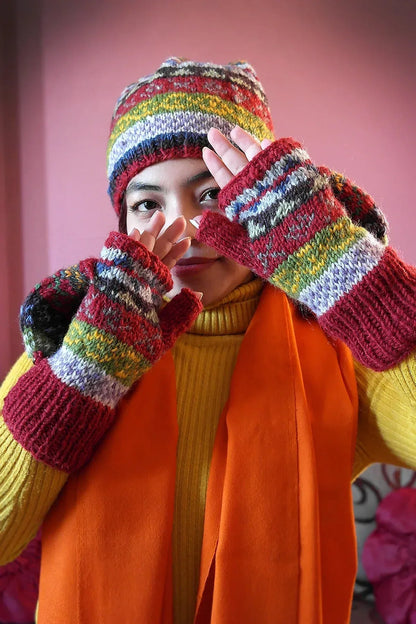 Red Green mixed colored woolen gloves/mittens - Vajracrafts