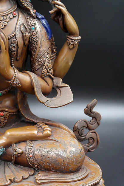 Four Armed Copper Oxidized Chenrezig Statue, 15" - Vajracrafts