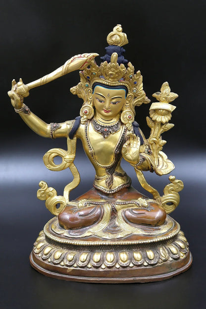 Partly Gold Plated Tibetan Buddhist Manjushree Statue from Nepal 9" - Vajracrafts