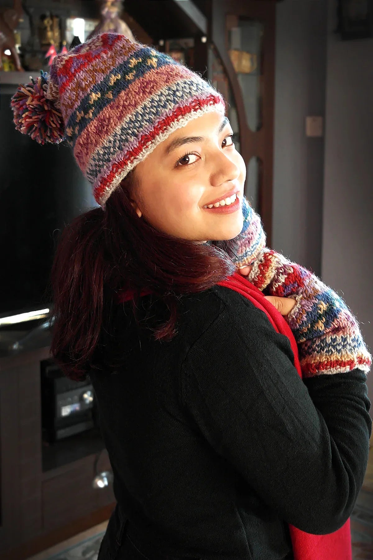 Womens Knit Winter Warm Pom Pom Beanie Hat Grey Blue mixed - Vajracrafts