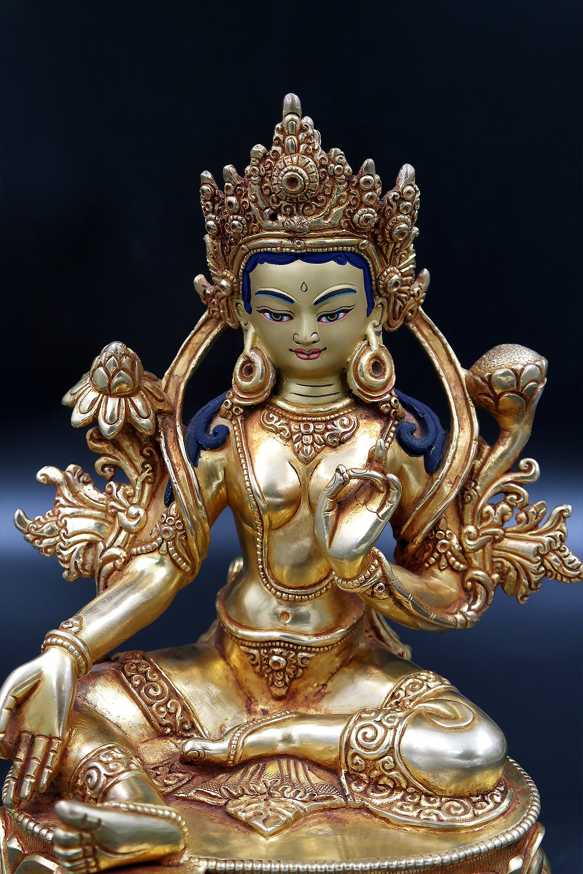 Tibetan Green Tara Statue in Double Lotus 10"