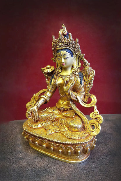 White Tara Statue, fully gold plated and hand carved Tara Statue 6" - Vajracrafts