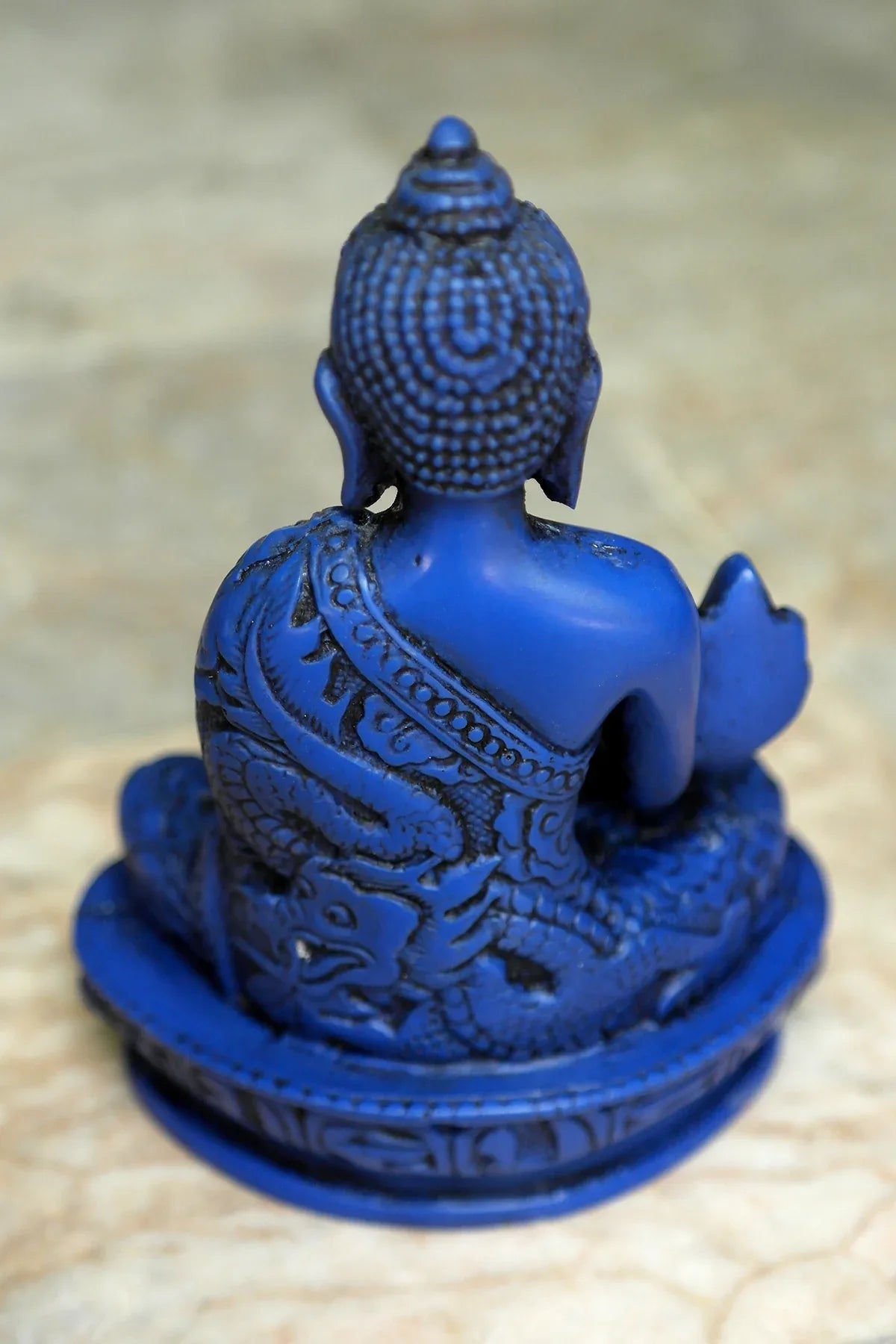 Lapis tone Medicine Buddha Resin Statue with Dragon carved 6" - Vajracrafts