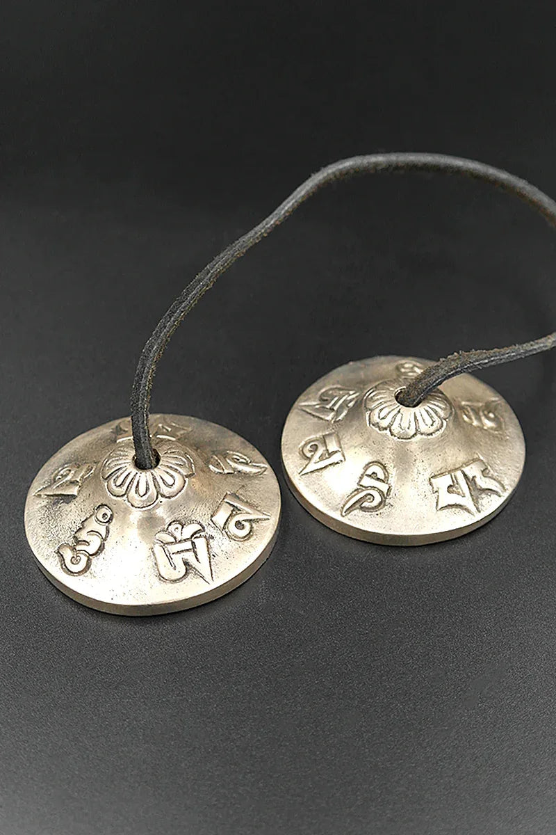 Om mane peme hum mantra embossed High-Quality Tingsha cymbal 2.2" - Vajracrafts