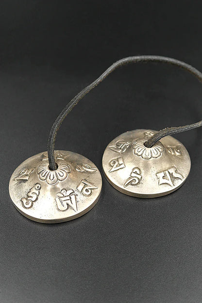Om mane peme hum mantra embossed High-Quality Tingsha cymbal 2.2" - Vajracrafts
