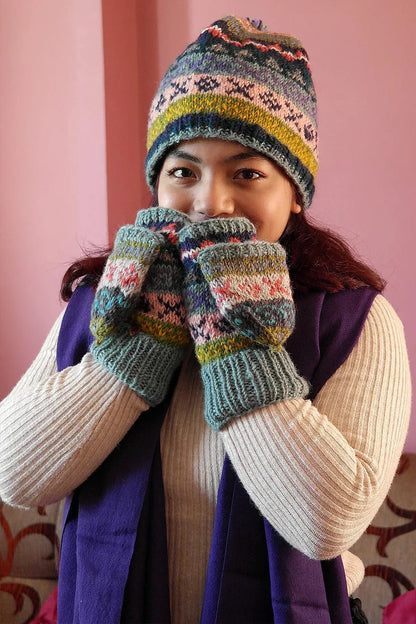 Light Blue pink mixed colored woolen gloves/mittens - Vajracrafts