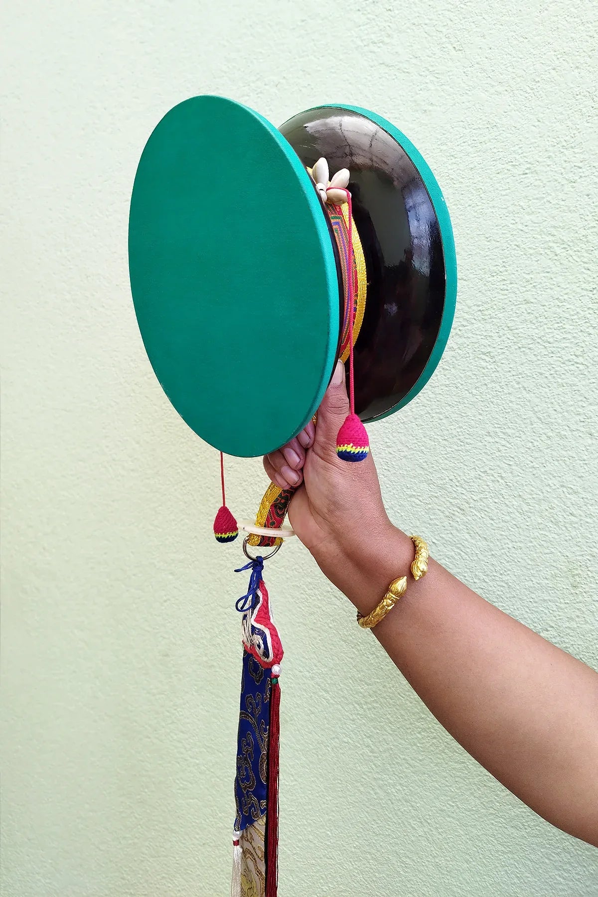 Tibetan Buddhist Ritual Chod Drum/Damaru with Yellow Brocade Cover - Vajracrafts