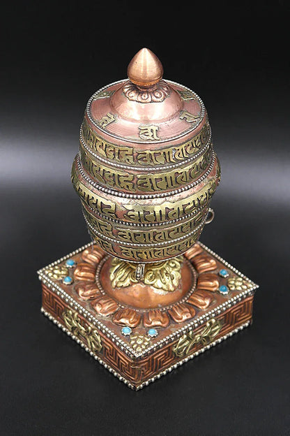 Ovel Shaped Copper Prayer Wheel in Square base, 6.5" - Vajracrafts