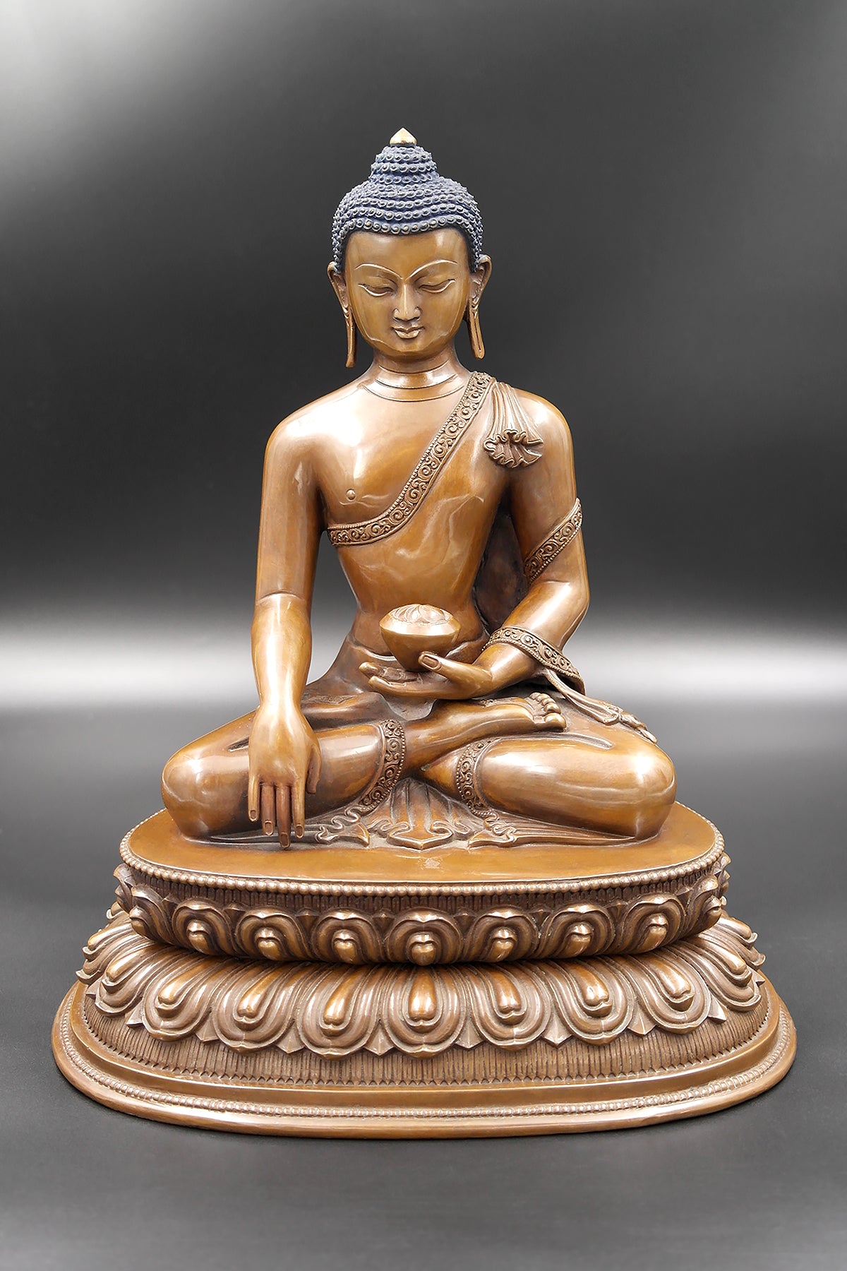 Antiqued Copper Shakyamuni Buddha Statue in double Lotus, 11"