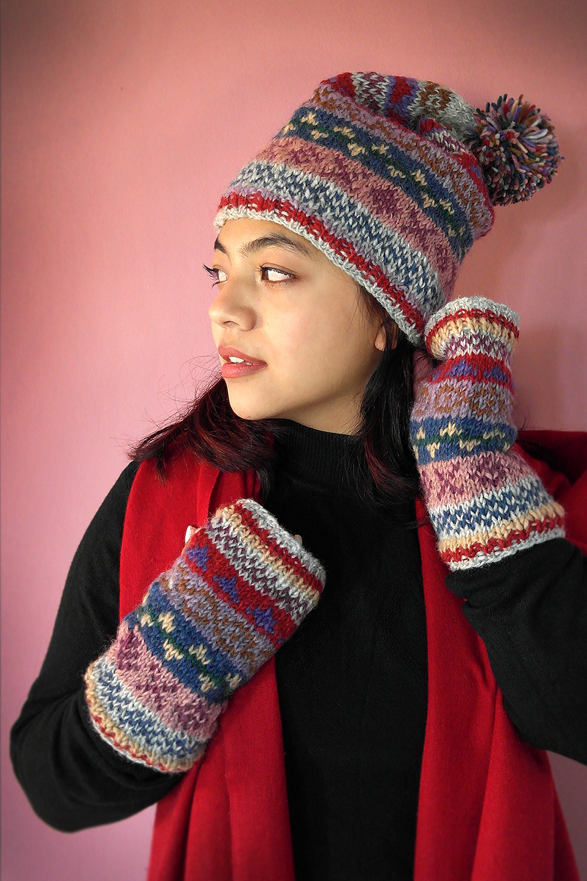 Women Wool Hand Warmers Fleece Lined Handknitted Bohemian Multicolored