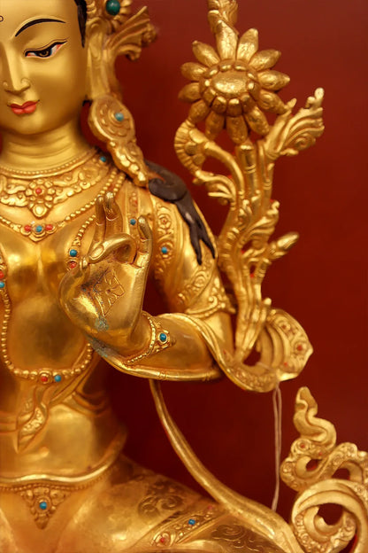Fully Gold Plated Green Tara Statue from Boudha 16" - Vajracrafts