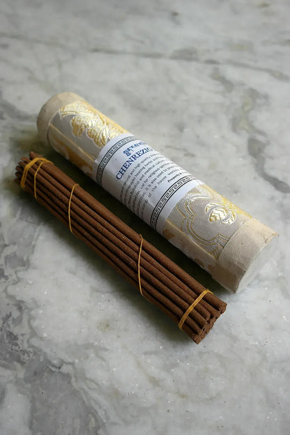 Tibetan Chenrezig Incense in brocade pack - Vajracrafts