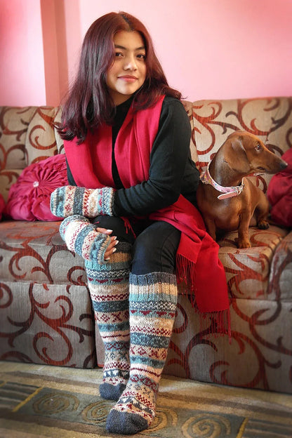 Cream, grey and maroon mixed color Woolen Knee High Socks - Vajracrafts