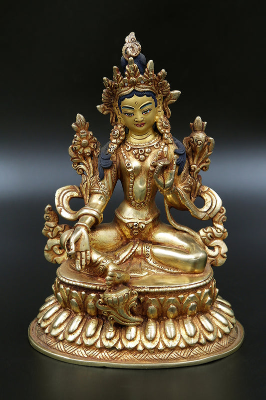 Gold Plated Green Tara Statue in double Lotus 6"