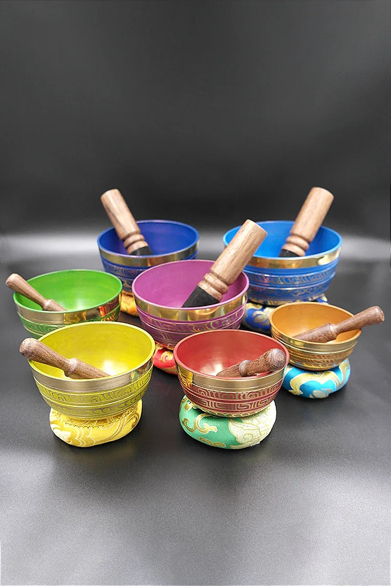 Sets of 7 Meditation Singing Bowls with seven chakra symbols 3"-5" - Vajracrafts