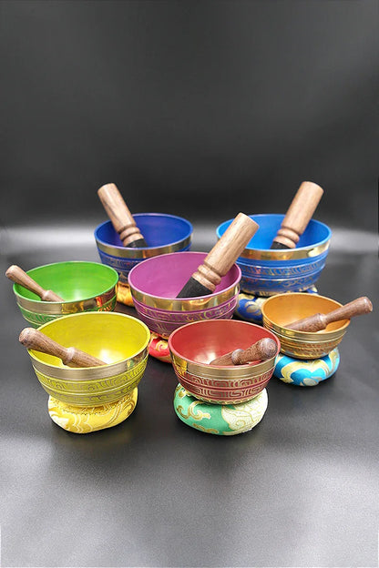 Sets of 7 Meditation Singing Bowls with seven chakra symbols 3"-5" - Vajracrafts
