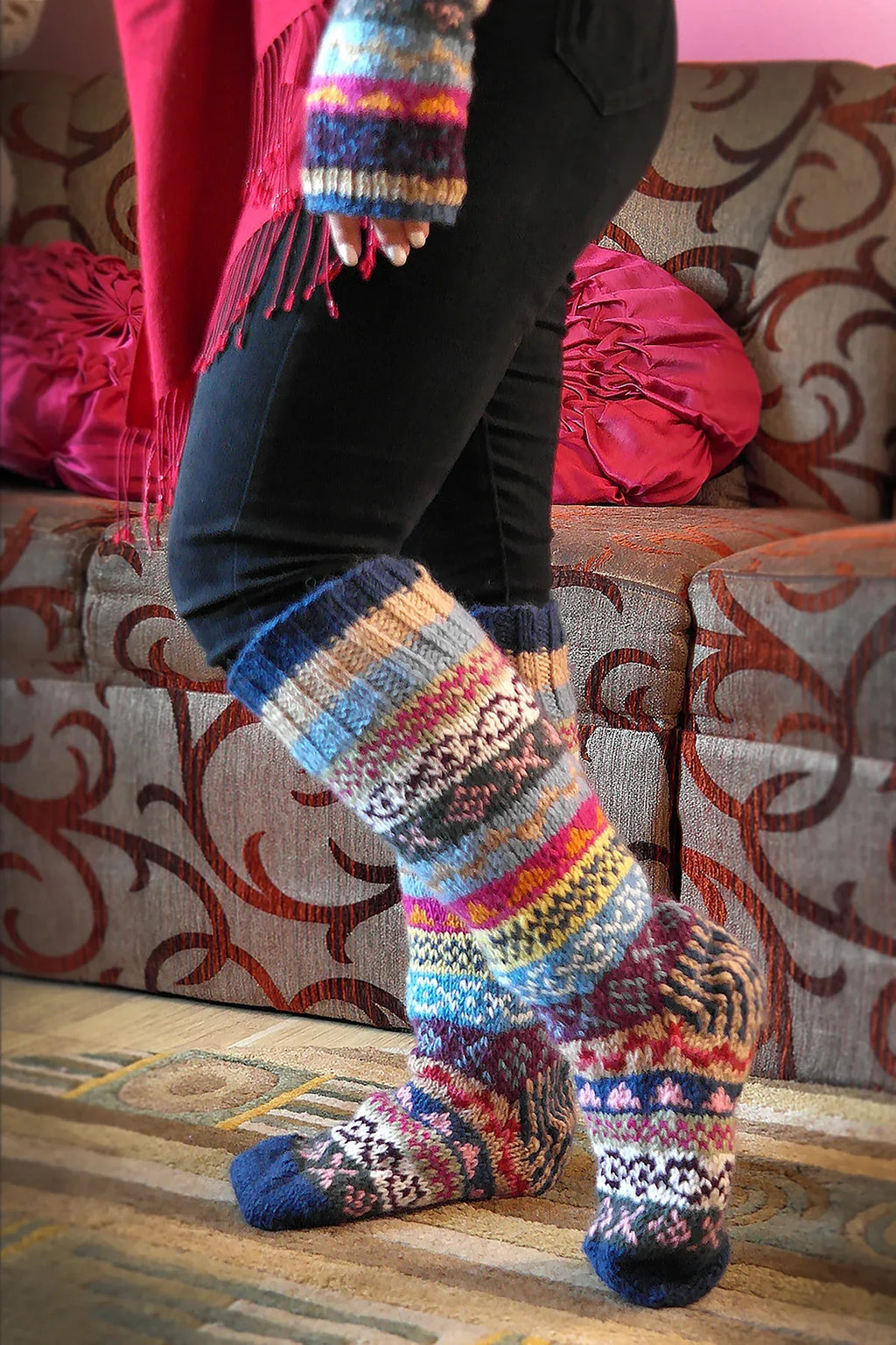 Blue Pink mixed color Woolen Knee High Socks - Vajracrafts