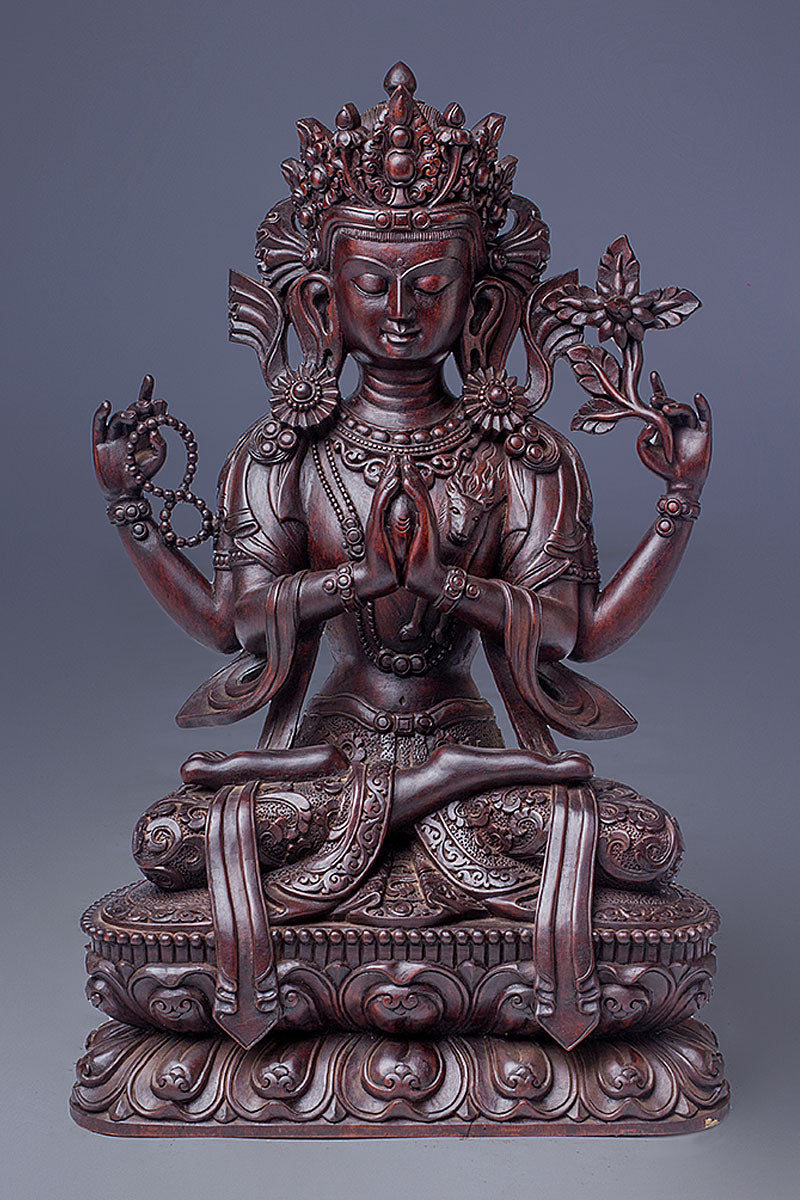 Masterpiece Wooden Chenrezig Statue, hand carved Avalokiteshvara