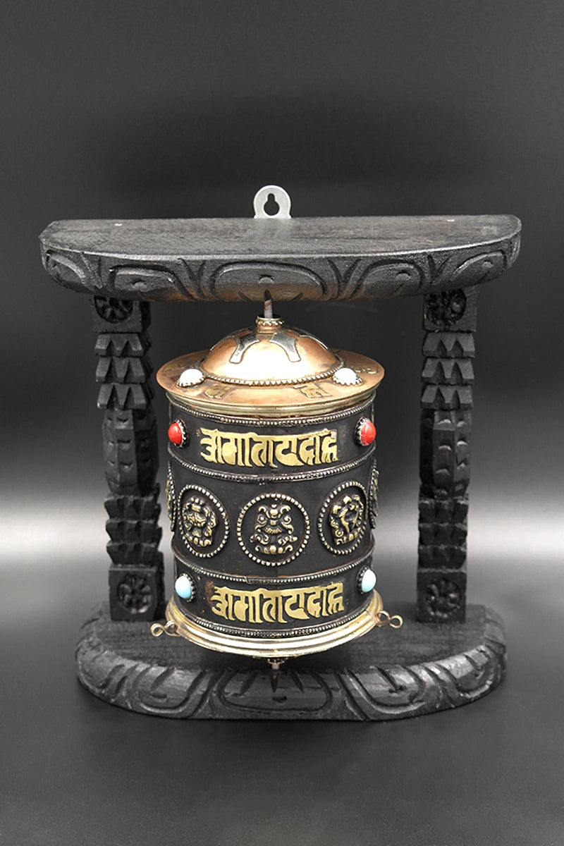Eight Auspicious Symbols Buddhist Prayer Wheel in wooden frame