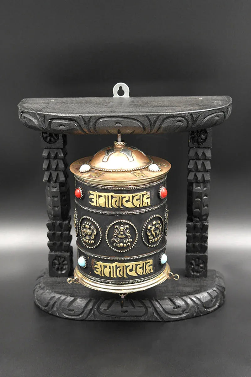 Eight Auspicious Symbols Buddhist Prayer Wheel in wooden frame - Vajracrafts