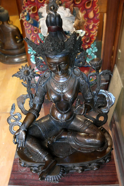 Masterpiece Copper Oxidized Green Tara Statue from Nepal 25" - Vajracrafts