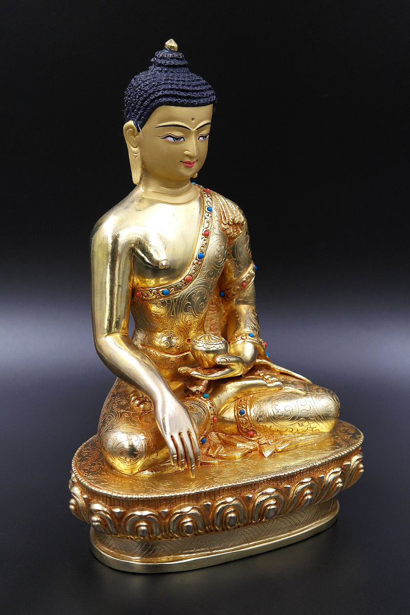 Turquoise and Coral inlaid Shakyamuni Buddha Statue, 8"
