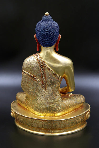 Floral Design carved Gold Plated Amitabh Buddha Statue from Nepal 9" - Vajracrafts