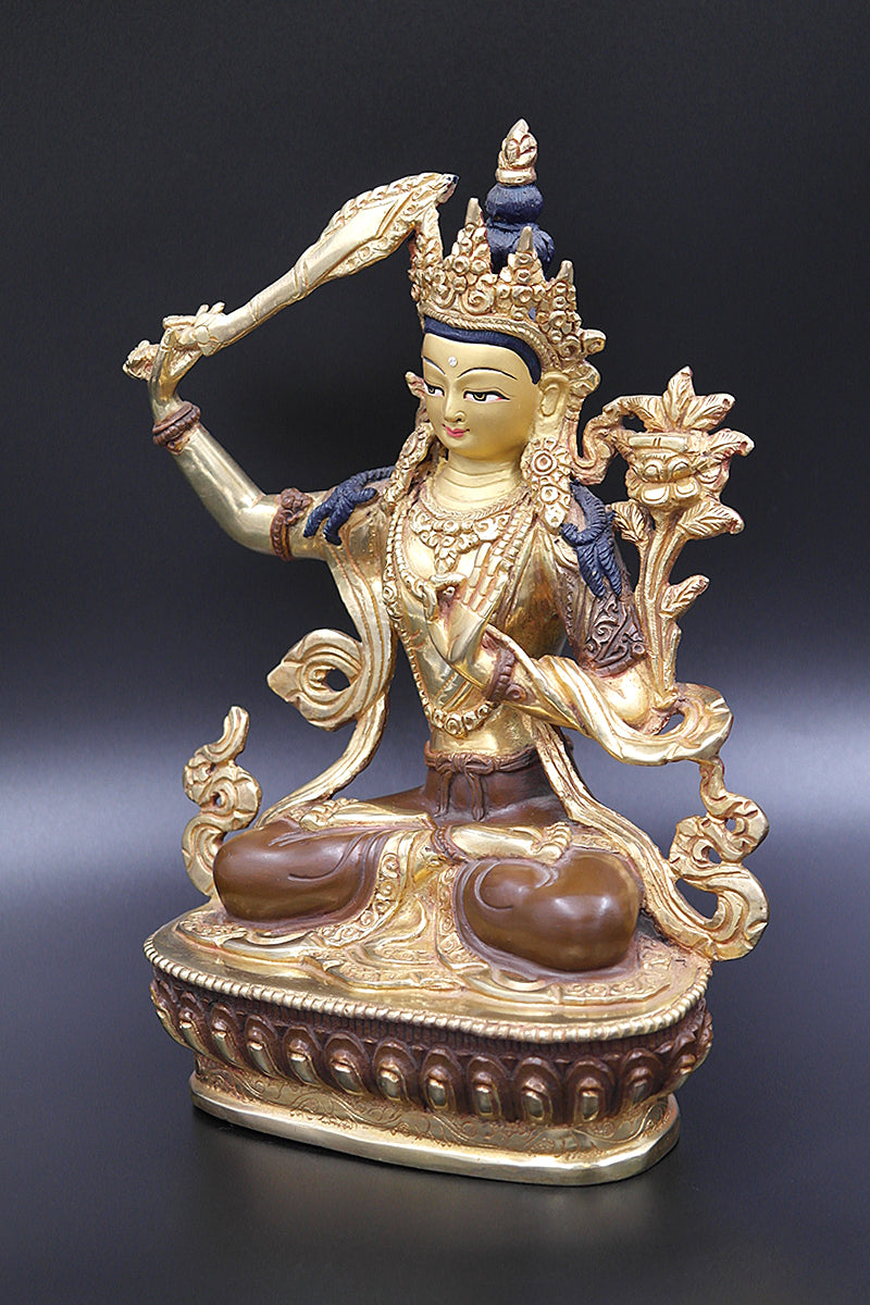 Partly Gold Plated Manjushree Statue, Handmade in Nepal 8"