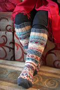 Cream, grey and maroon mixed color Woolen Knee High Socks - Vajracrafts