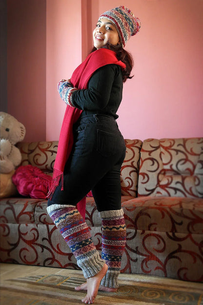Grey blue and red mixed colors woolen leg warmers - Vajracrafts