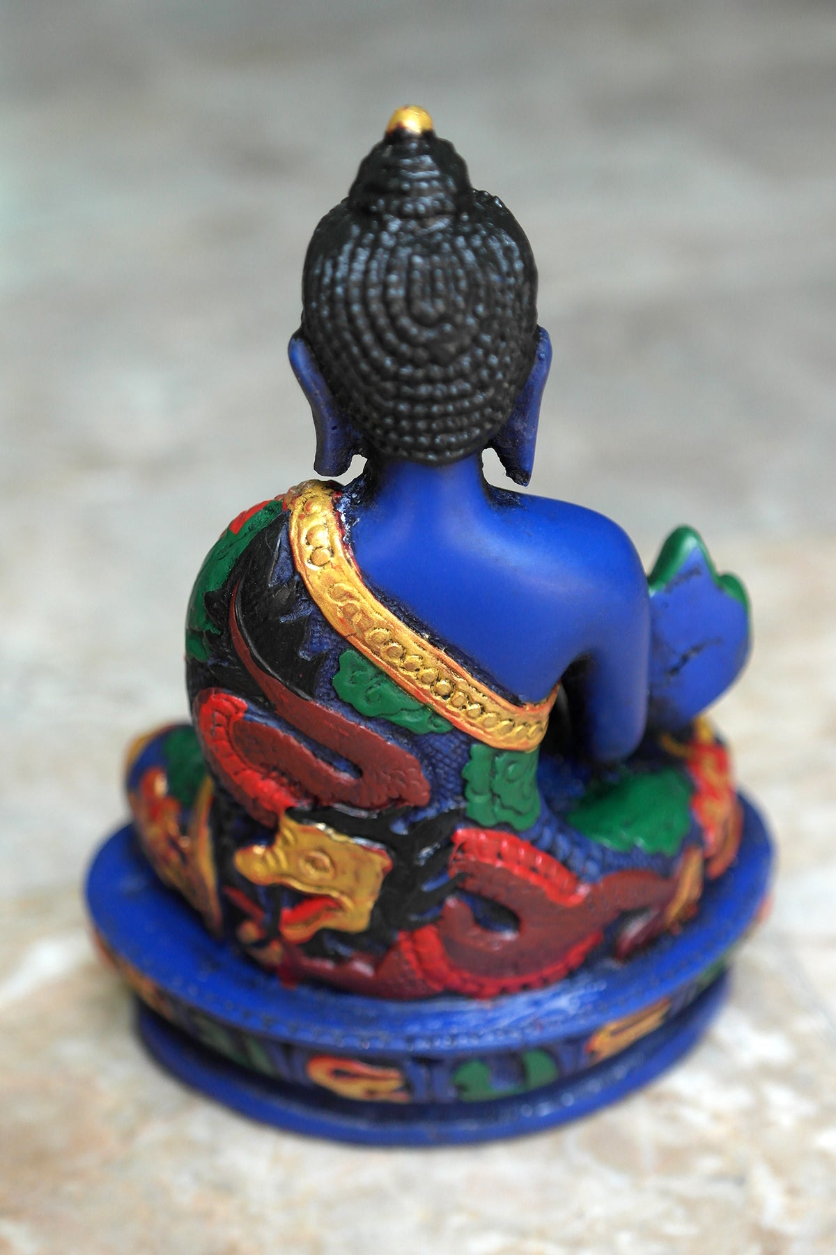 Color Painted Lapis tone Medicine Buddha Resin Statue with Dragon carved 6"