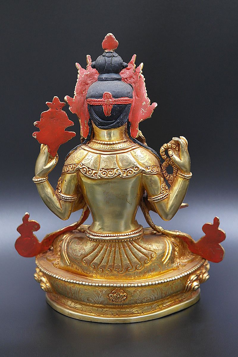 Gold Plated Masterpiece Tibetan Chenrezig Statue, God of Passion 9"