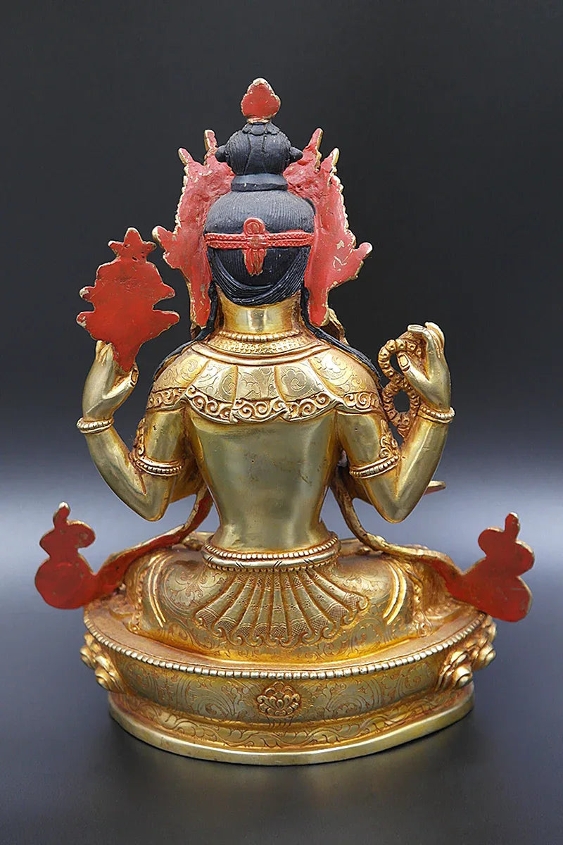 Gold Plated Masterpiece Tibetan Chenrezig Statue, God of Passion 9" - Vajracrafts