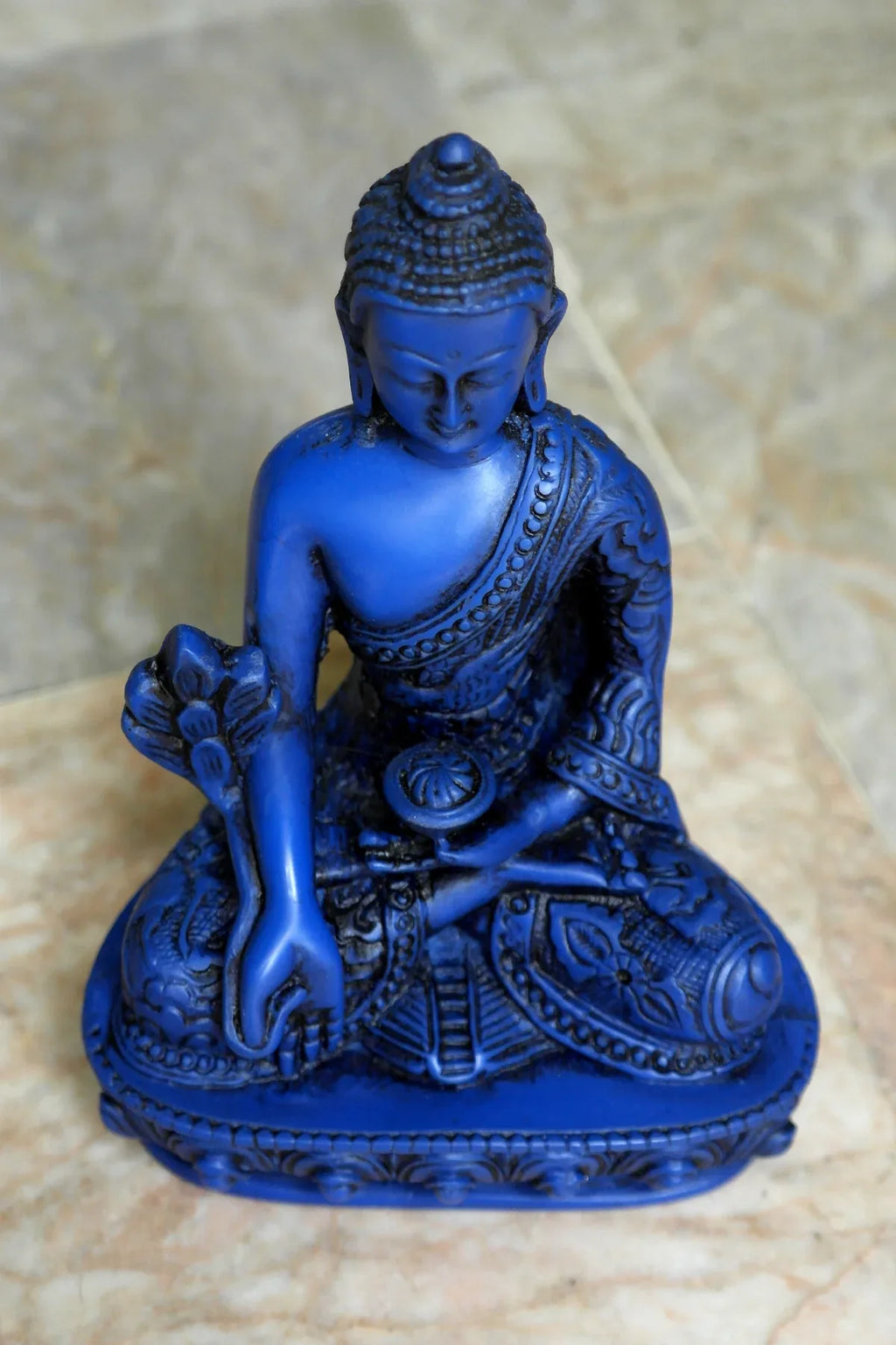 Lapis tone Medicine Buddha Resin Statue with Dragon carved 6" - Vajracrafts