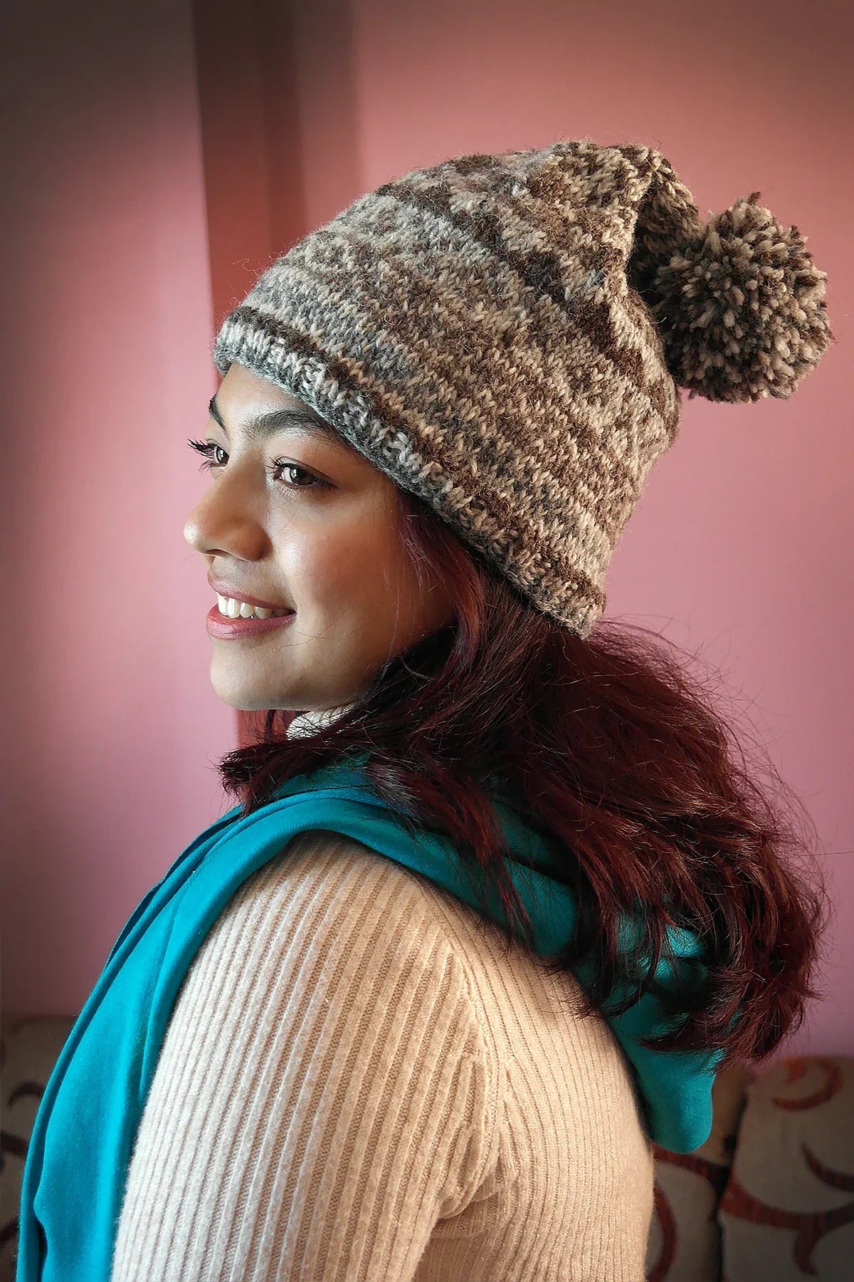 Womens Knit Winter Warm Pom Pom Beanie Hat Natural Color - Vajracrafts