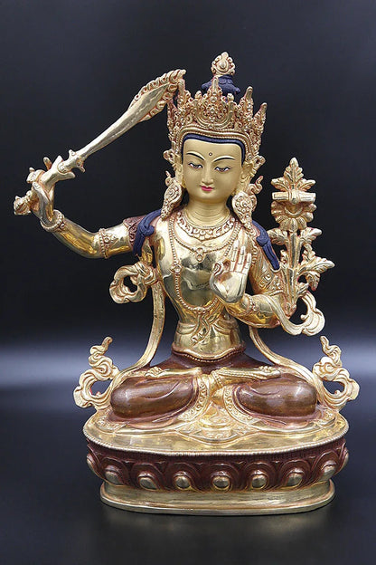 Gold Plated Manjushree Statue, Handmade in Nepal 13" - Vajracrafts
