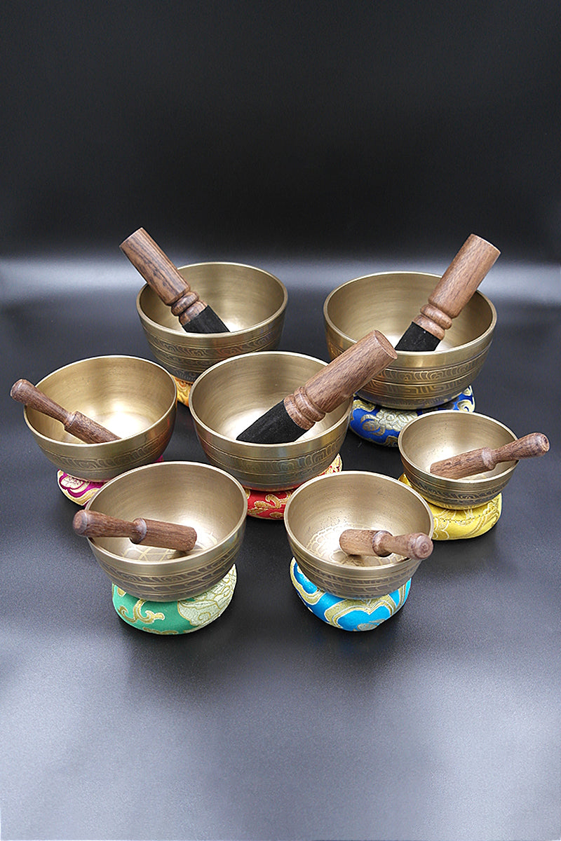 Seven Chakra etched Healing Tibetan Singing Bowl set 3.2"-5.2"