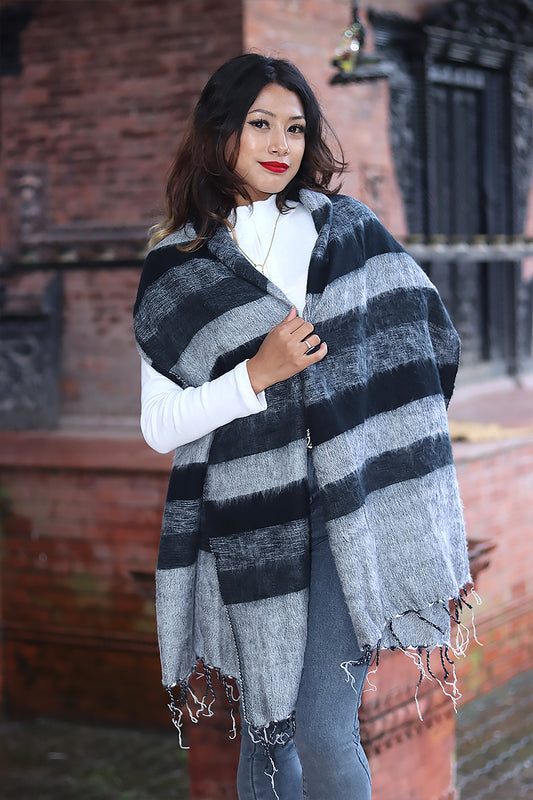 Grey and black Winter Yak Wool shawl with Fringe